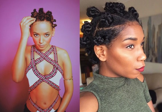 On the left, Scary Spice of the Spice Girls and her Bantu Knots, while the model on the right shows them off, updated for today.