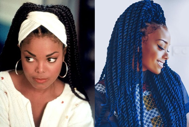 Collage image showing Janet Jackson on the left and a model today showing her box braids.